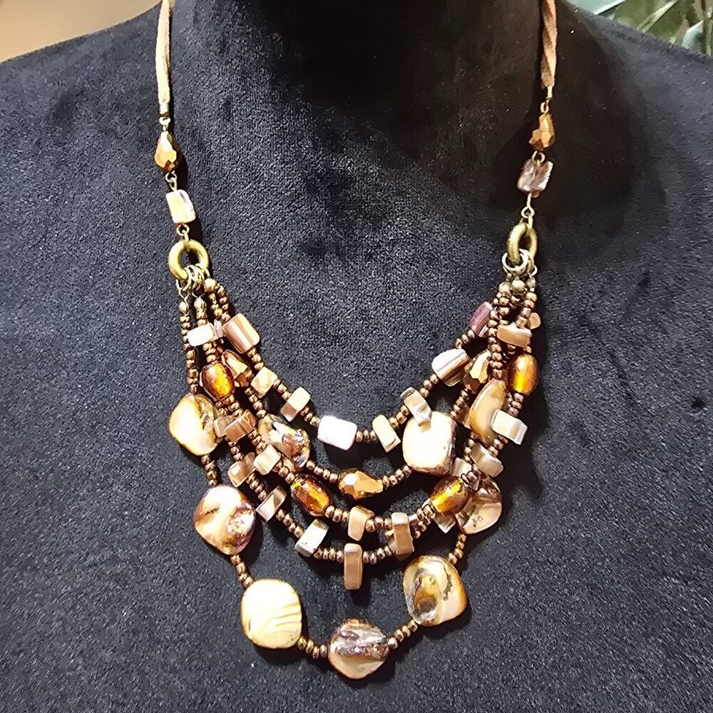 Womens Mother Of Pearl Brown Chip Bead Multi Strand Necklace with Lobster Clasp